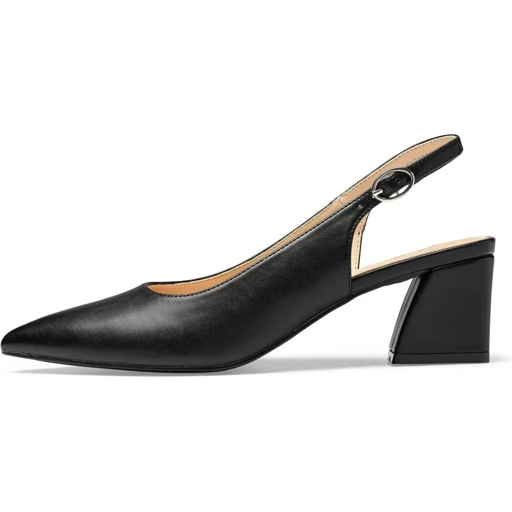 Women Slingback Black Toe Block Heel Pump Low Heel Office Wedding Dress Shoes